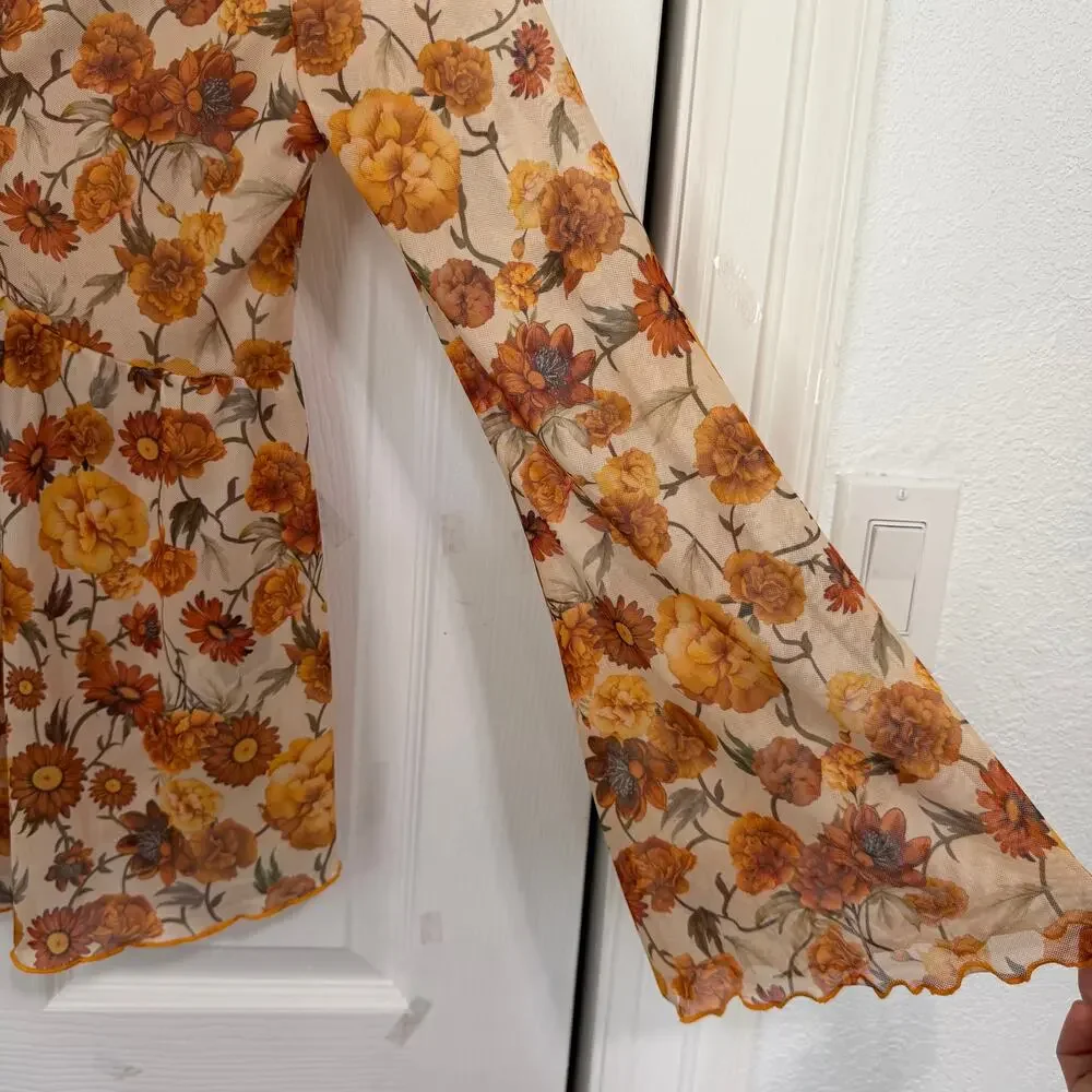Floral Print V Neck Long Sleeve Bow Tie Front Sheer Blouse Top